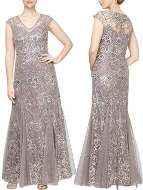 NEW Alex Evenings Long Fit and Flare Godet Detail Mesh Sequin Gown in Rich Taupe